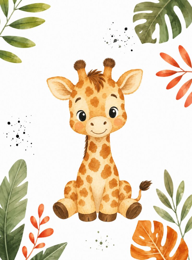 Jungle Friends II – orange, green, coral watercolour illustration canvas wall art
