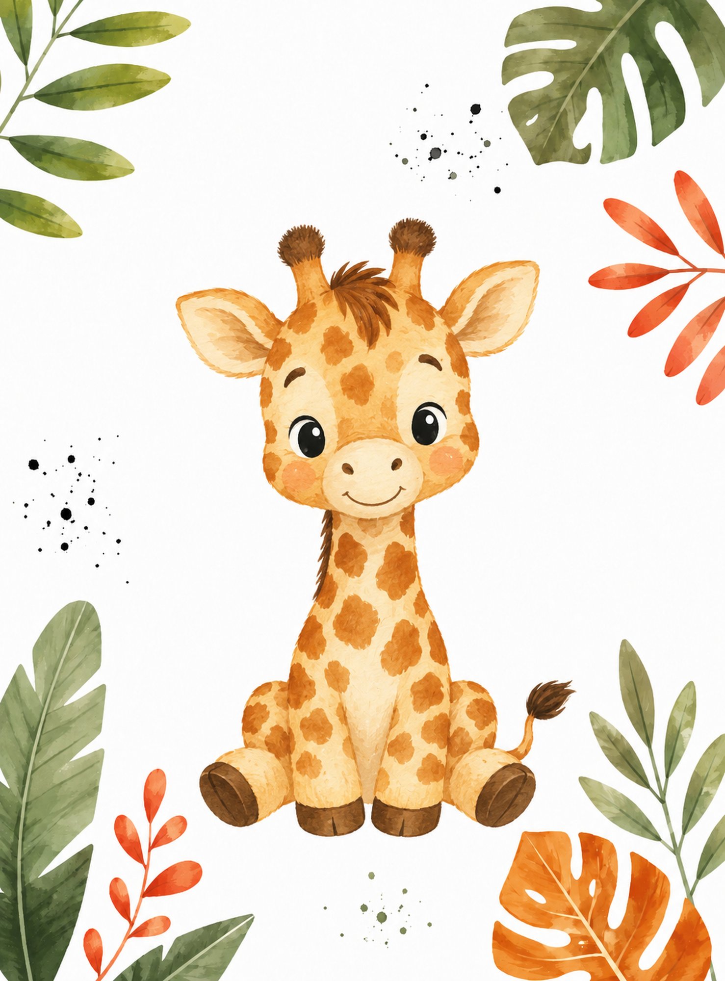 Jungle Friends II – orange, green, coral watercolour illustration canvas wall art