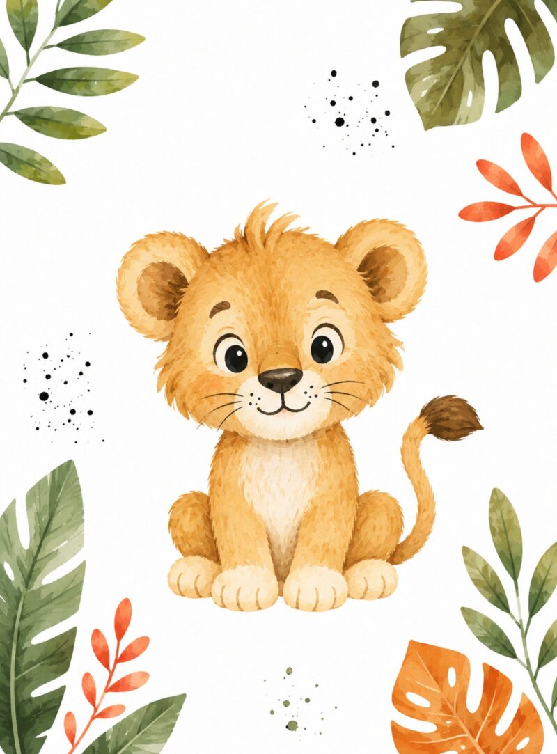 Jungle Friends III – orange, green, coral watercolour illustration canvas wall art