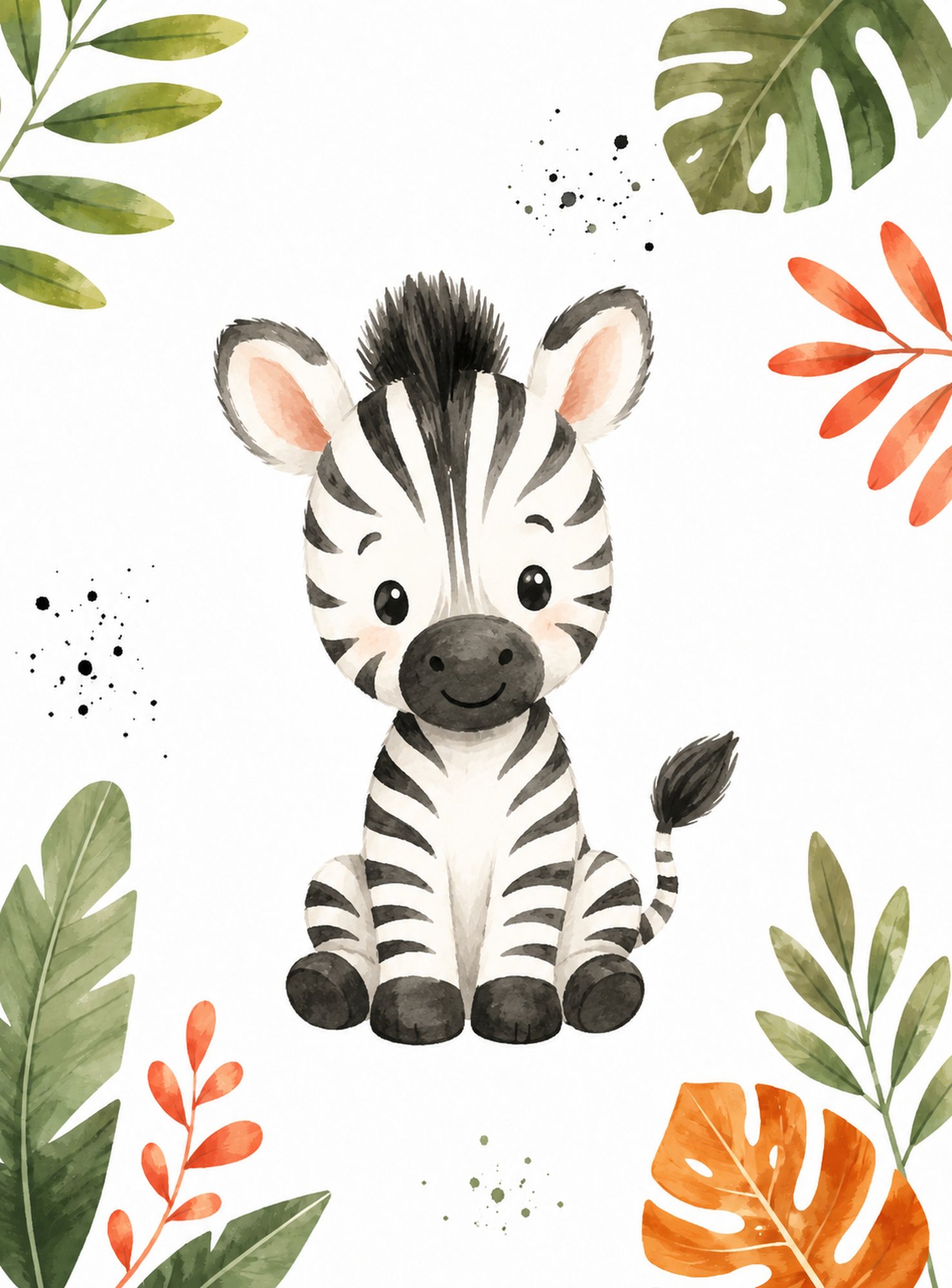 Jungle Friends V – orange, green, coral watercolour illustration canvas wall art