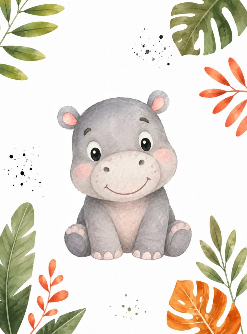 Jungle Friends VI – orange, green, coral watercolour illustration canvas wall art