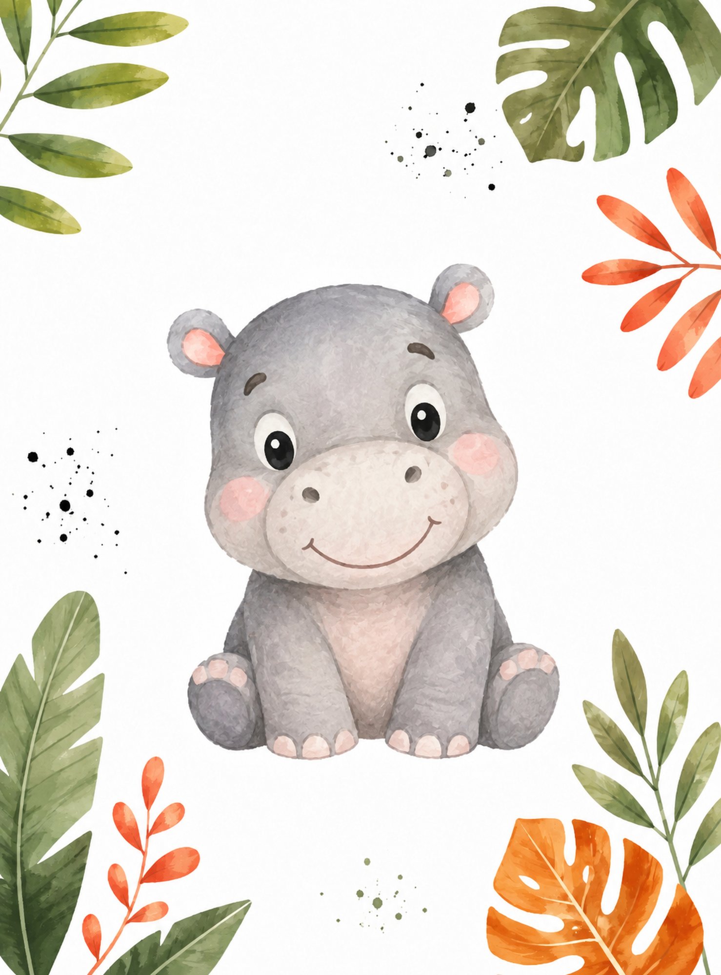 Jungle Friends VI – orange, green, coral watercolour illustration canvas wall art
