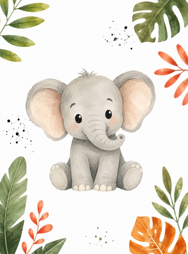 Jungle Friends VII – orange, green, coral watercolour illustration canvas wall art