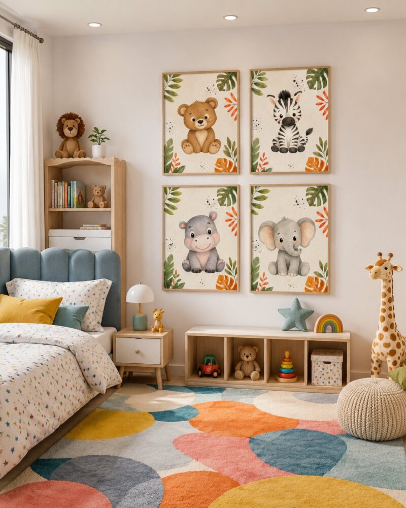 Jungle Friends watercolour illustration canvas wall art styled in an interior
