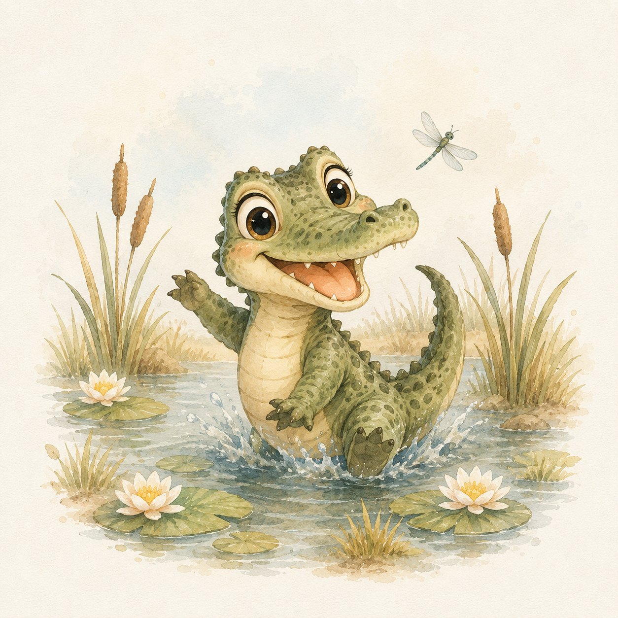 Little Safari Alligator – soft grey, sage, cream watercolour illustration canvas wall art