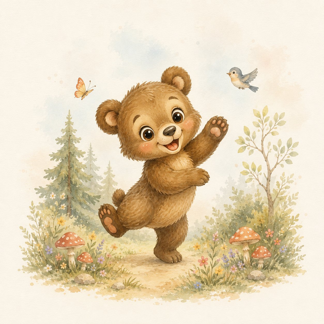 Little Safari Bear – soft grey, sage, cream watercolour illustration canvas wall art