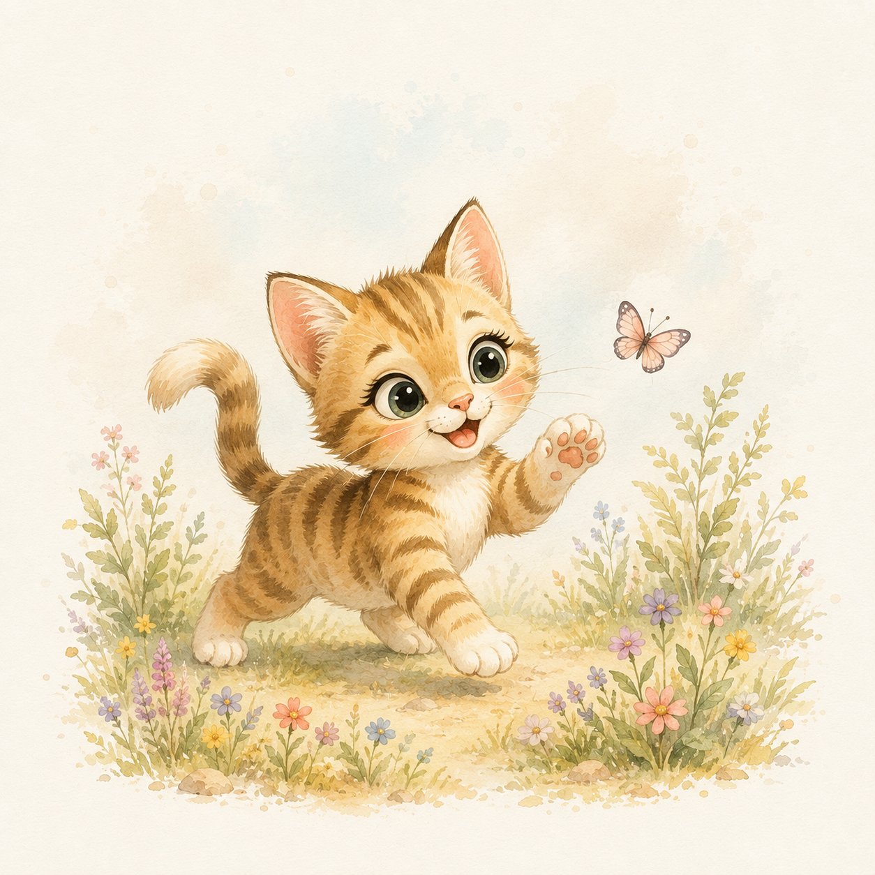 Little Safari Cat – soft grey, sage, cream watercolour illustration canvas wall art