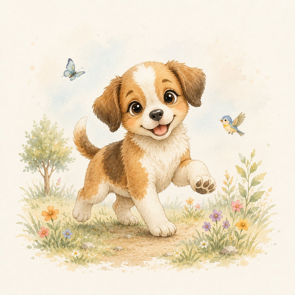 Little Safari Dog – soft grey, sage, cream watercolour illustration canvas wall art