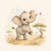 Little Safari Elephant – soft grey, sage, cream watercolour illustration canvas wall art