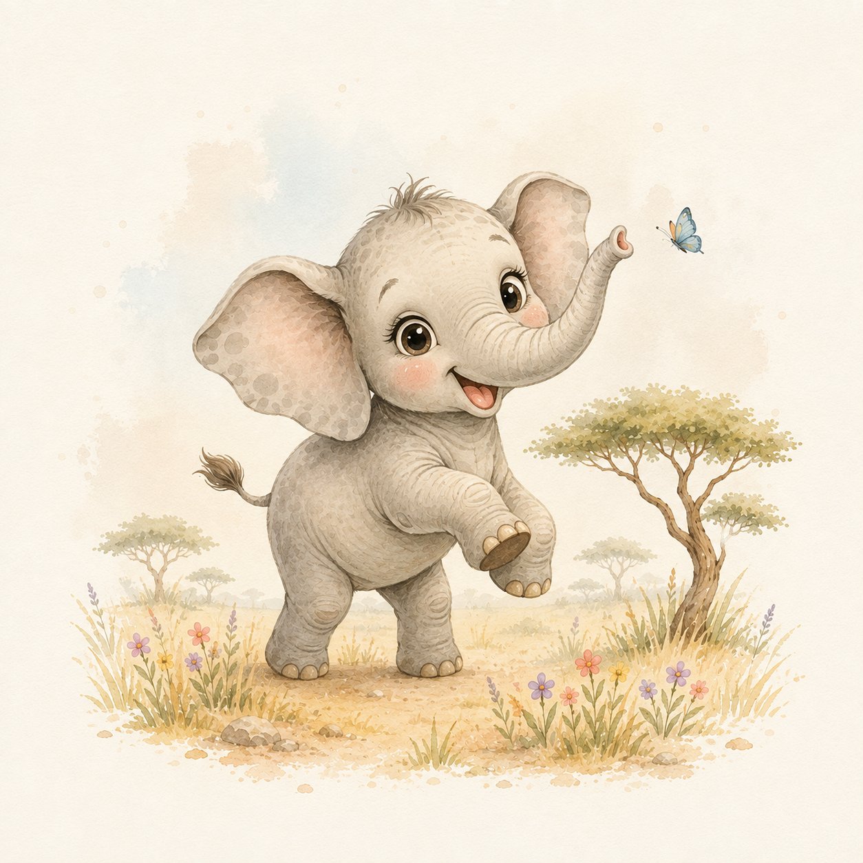 Little Safari Elephant – soft grey, sage, cream watercolour illustration canvas wall art