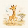 Little Safari Giraffe – soft grey, sage, cream watercolour illustration canvas wall art