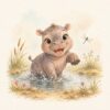 Little Safari Hippo – soft grey, sage, cream watercolour illustration canvas wall art