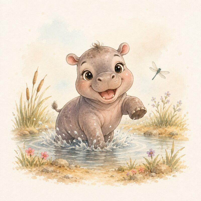 Little Safari Hippo – soft grey, sage, cream watercolour illustration canvas wall art