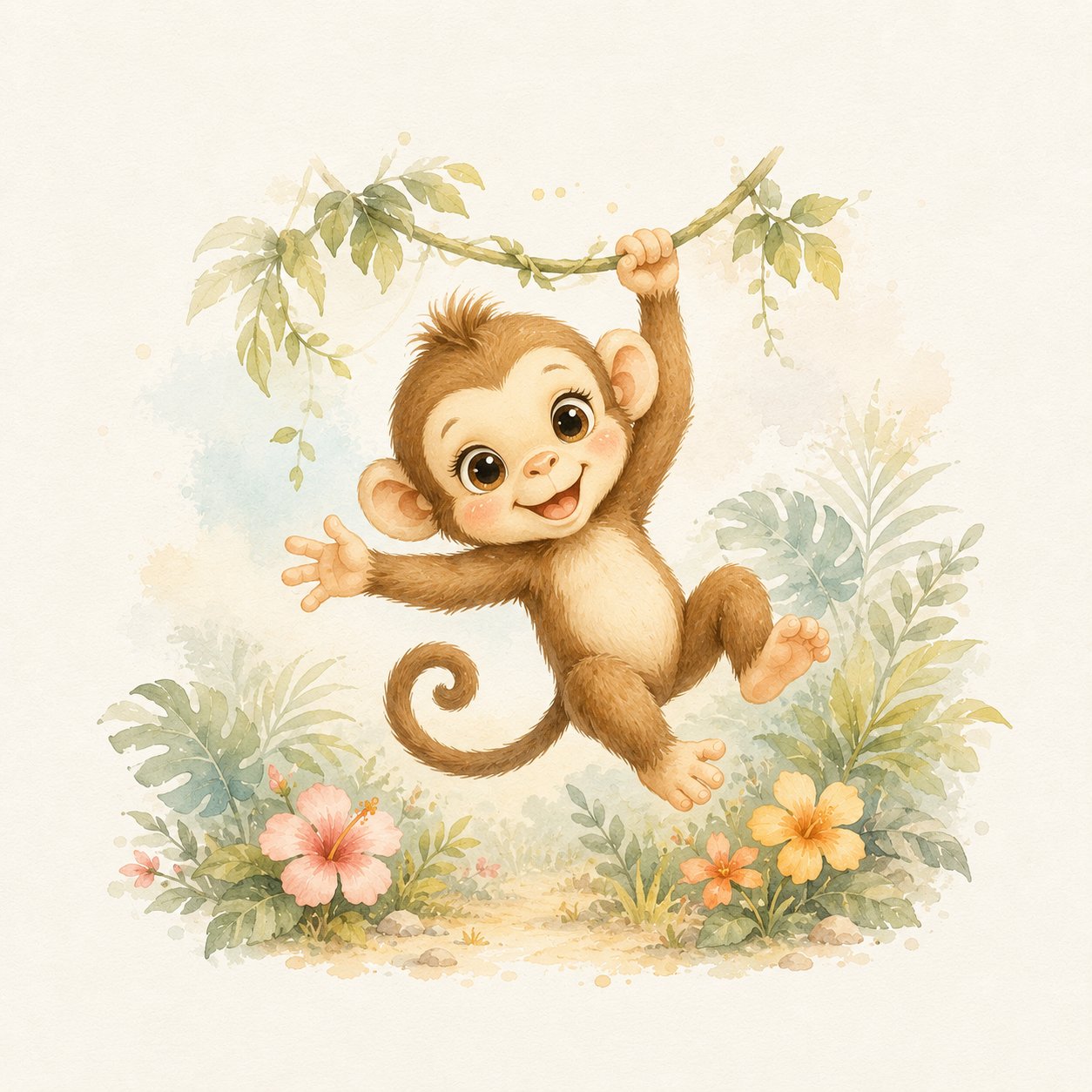 Little Safari Monkey – soft grey, sage, cream watercolour illustration canvas wall art