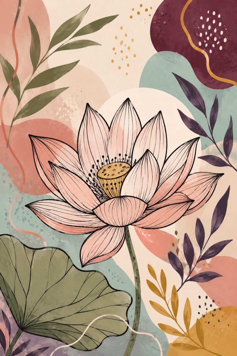 Lotus Line I – blush, plum, sage line art sketch canvas wall art