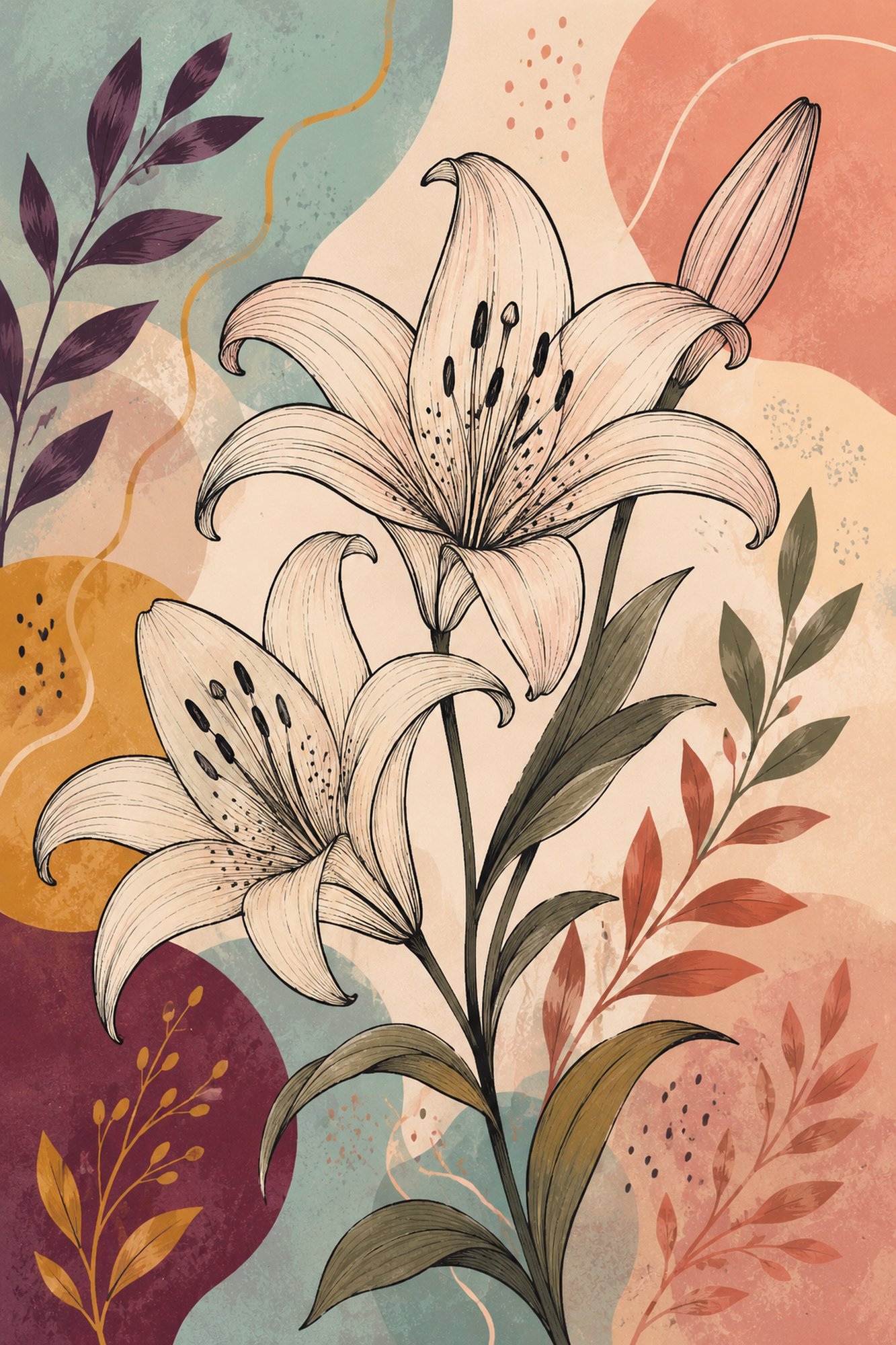 Lotus Line III – blush, plum, sage line art sketch canvas wall art