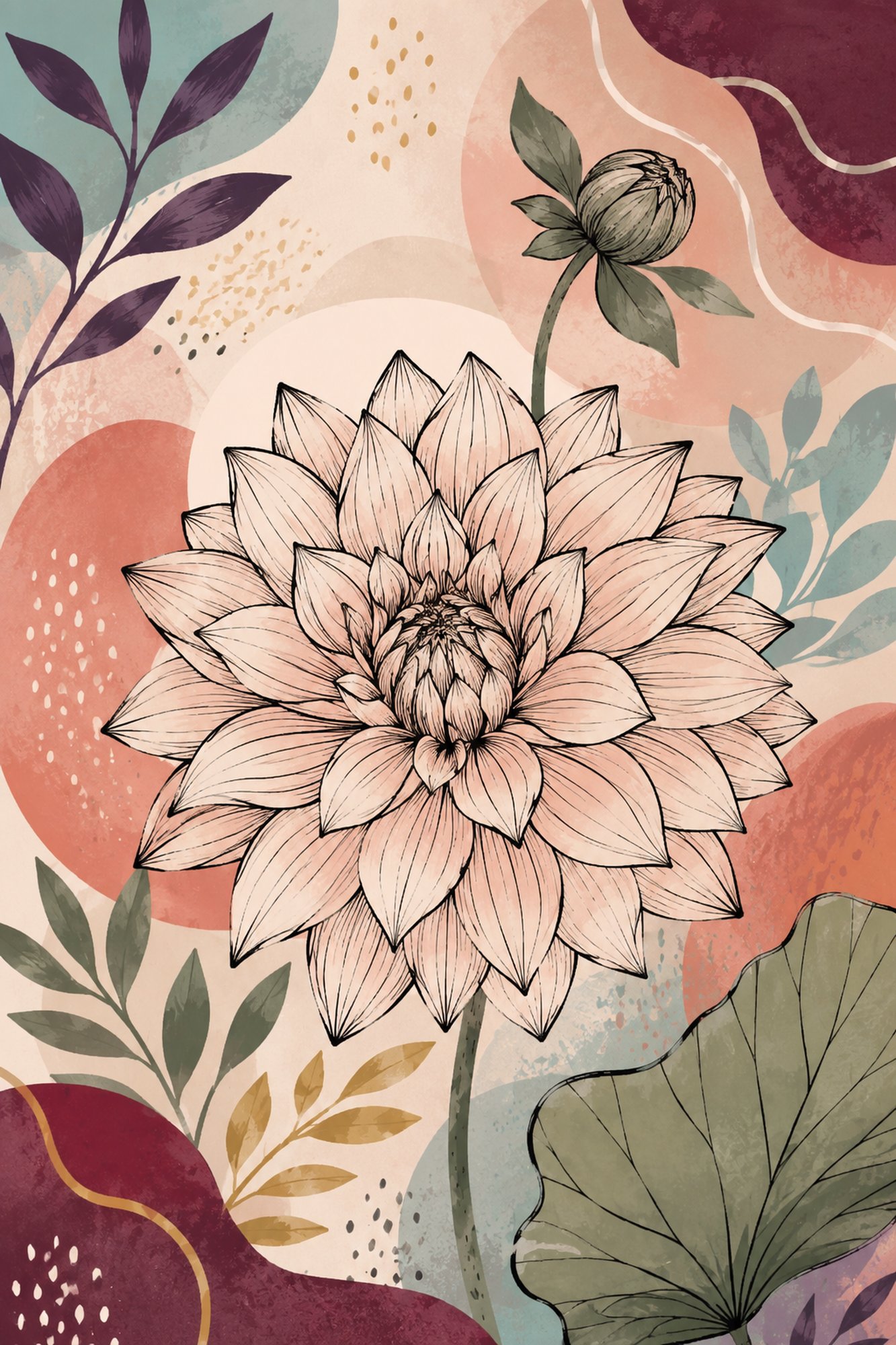 Lotus Line V – blush, plum, sage line art sketch canvas wall art