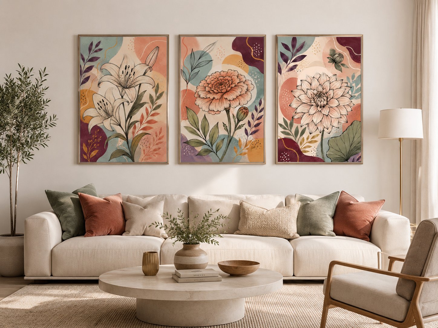 Lotus Line line art sketch canvas wall art styled in an interior