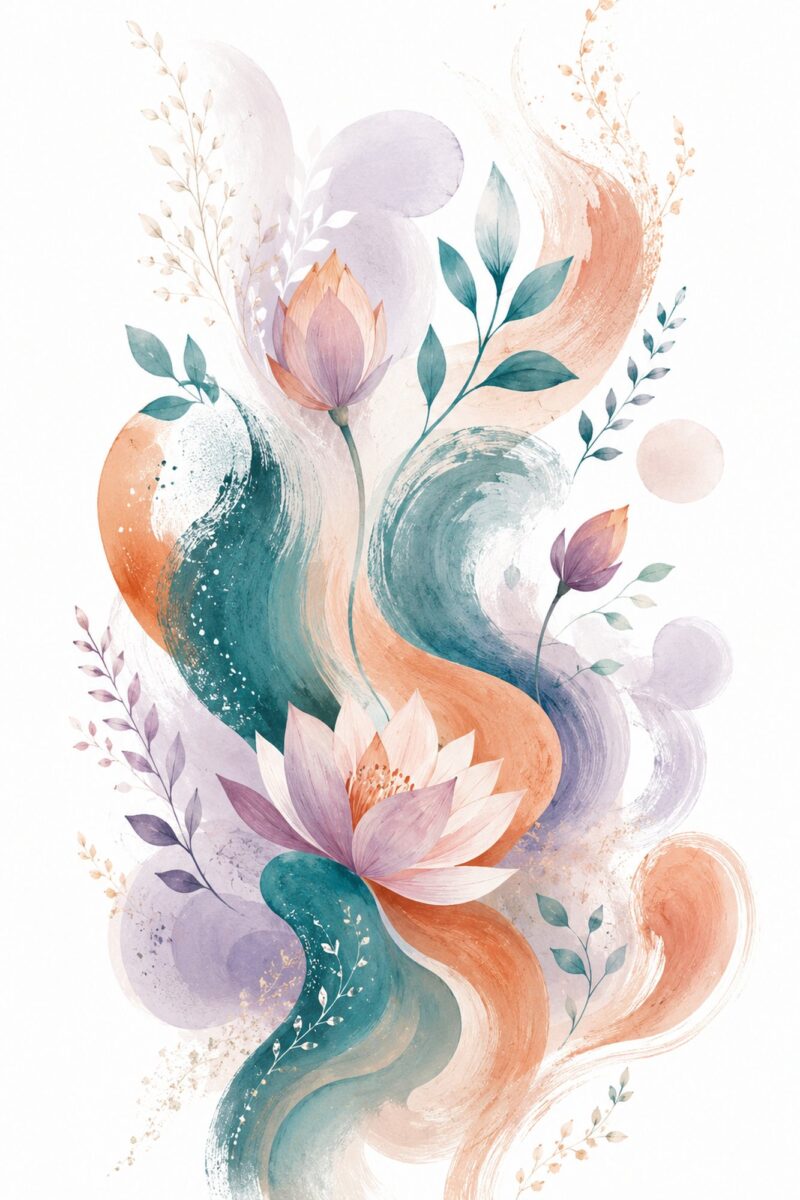 Lotus Swirl I – peach, lilac, sage watercolour floral canvas wall art