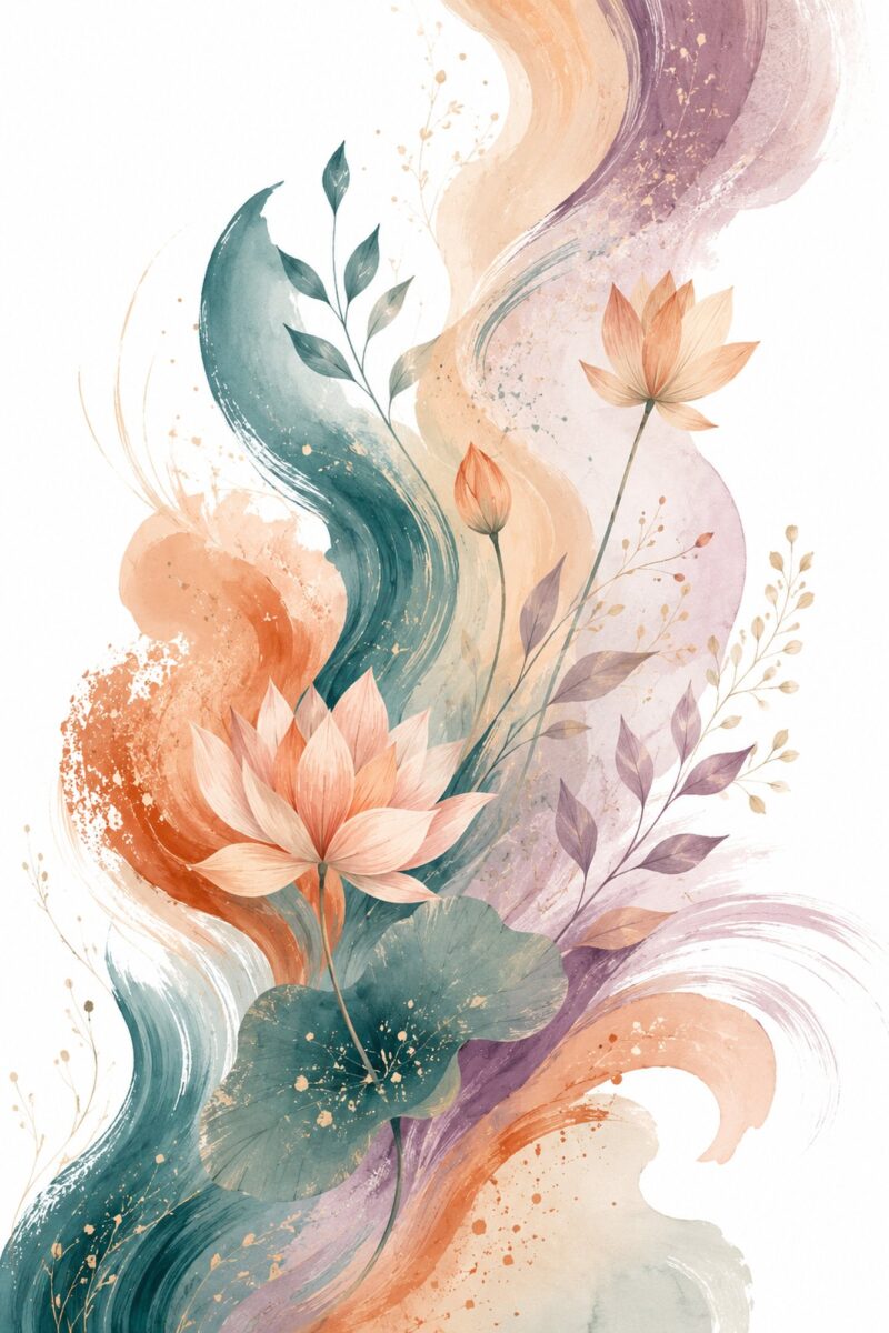 Lotus Swirl II – peach, lilac, sage watercolour floral canvas wall art