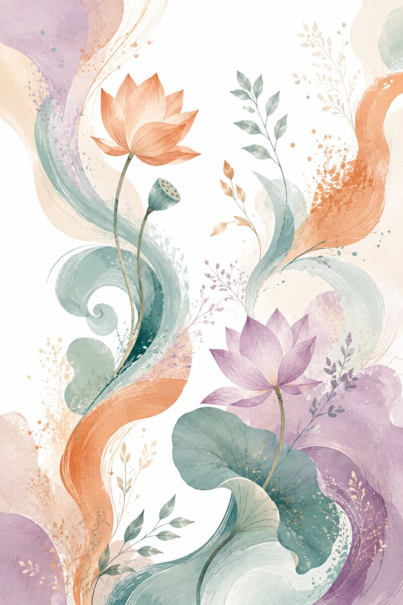 Lotus Swirl III – peach, lilac, sage watercolour floral canvas wall art