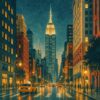 Manhattan Nights I – teal, amber, orange vintage illustration canvas wall art