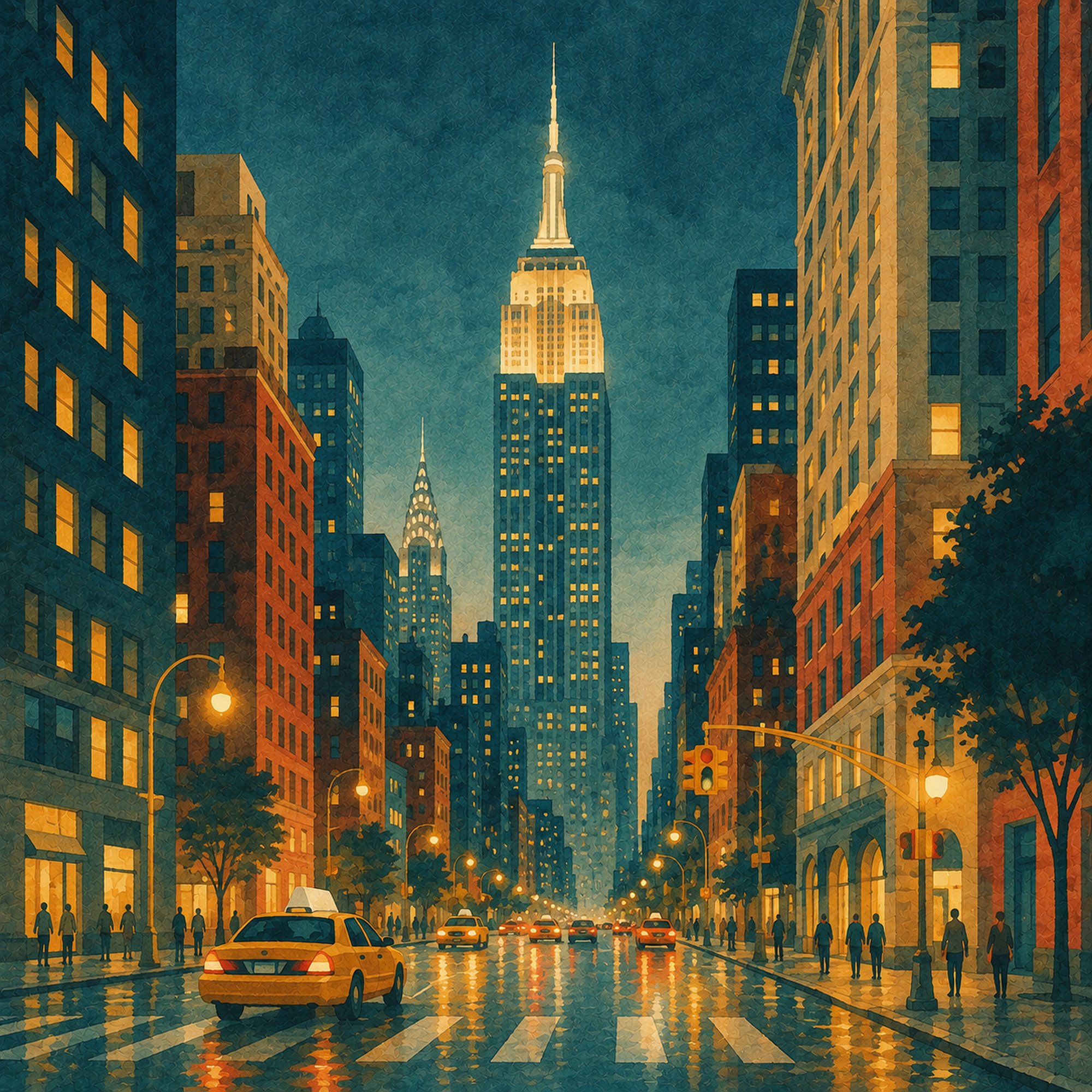 Manhattan Nights I – teal, amber, orange vintage illustration canvas wall art