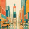 Manhattan Nights II – teal, amber, orange vintage illustration canvas wall art