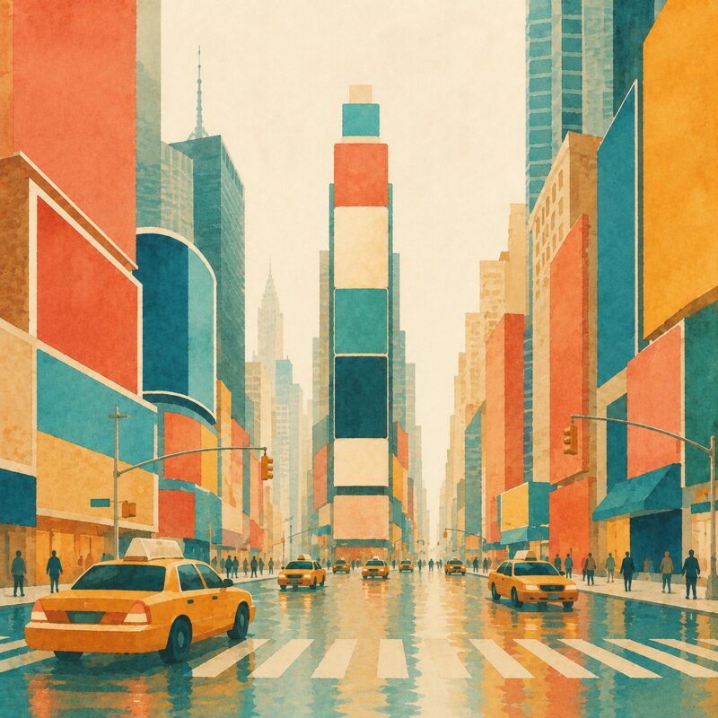 Manhattan Nights II – teal, amber, orange vintage illustration canvas wall art
