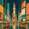 Manhattan Nights III – teal, amber, orange vintage illustration canvas wall art