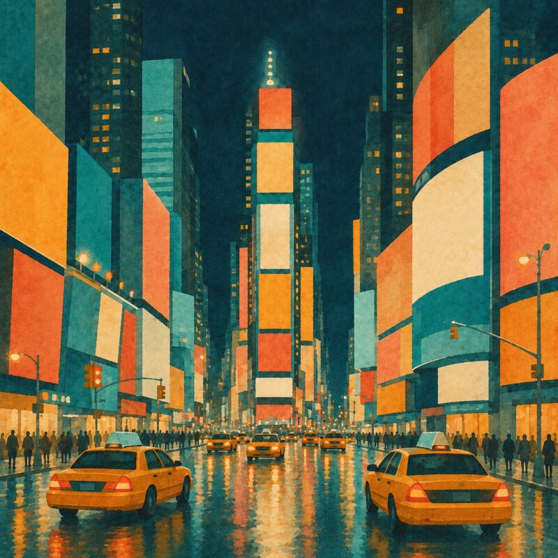 Manhattan Nights III – teal, amber, orange vintage illustration canvas wall art