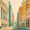 Manhattan Nights IV – teal, amber, orange vintage illustration canvas wall art