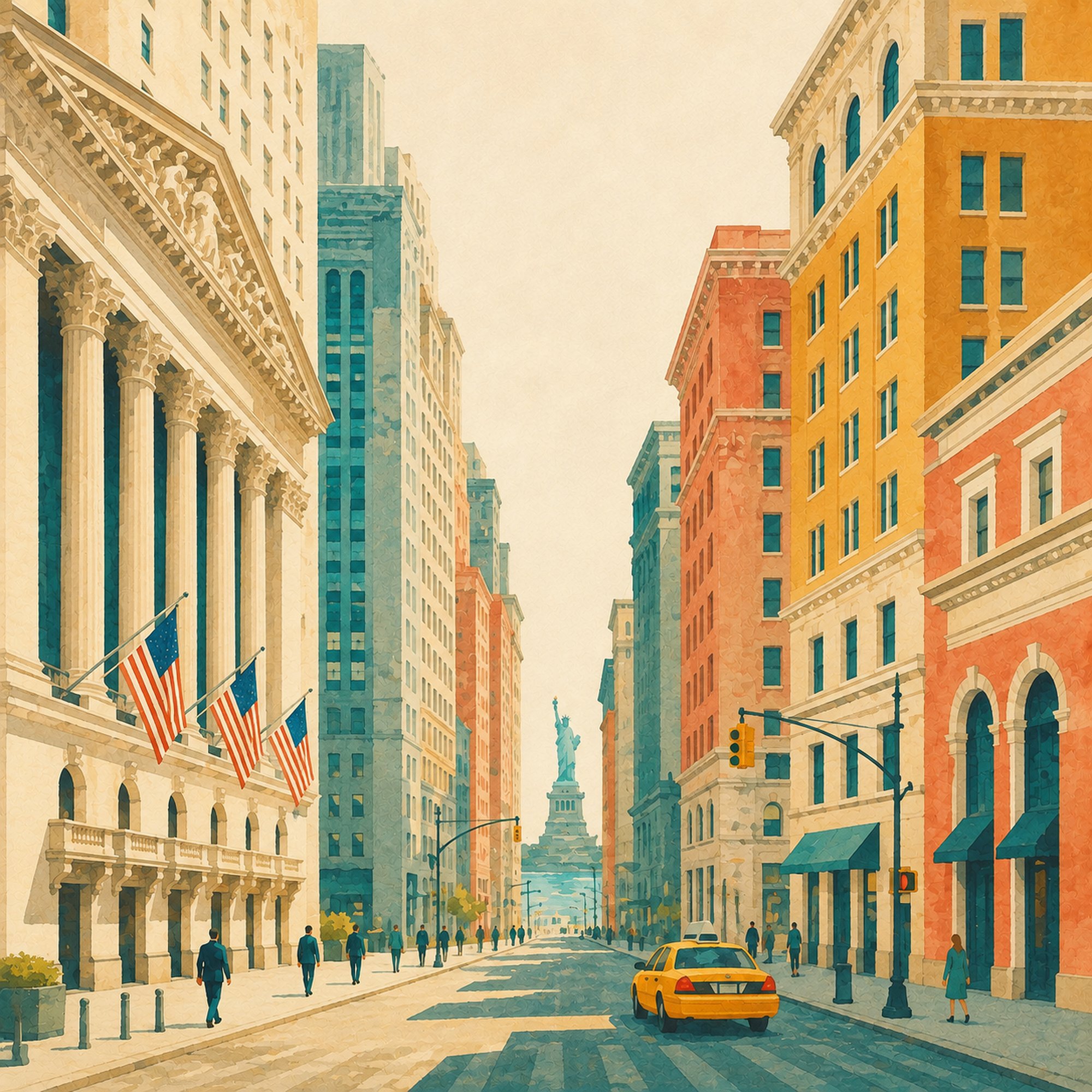 Manhattan Nights IV – teal, amber, orange vintage illustration canvas wall art