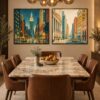 Manhattan Nights vintage illustration canvas wall art styled in an interior