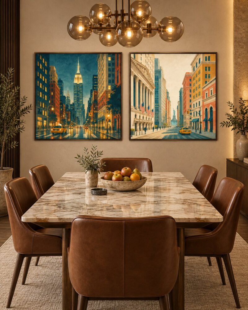 Manhattan Nights vintage illustration canvas wall art styled in an interior