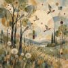 Meadow Birds Abstract – sage, ochre, rust abstract collage landscape canvas wall art