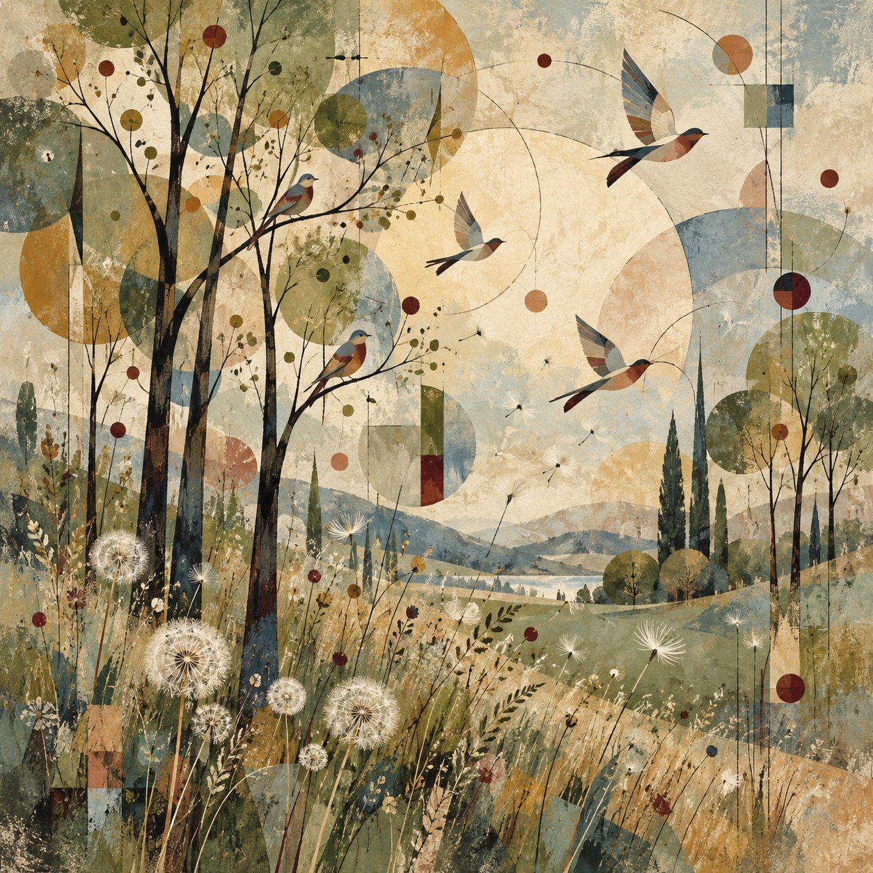 Meadow Birds Abstract – sage, ochre, rust abstract collage landscape canvas wall art