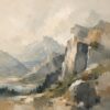 Misty Cliffs I – stone grey, sage, sand impressionist oil landscape canvas wall art