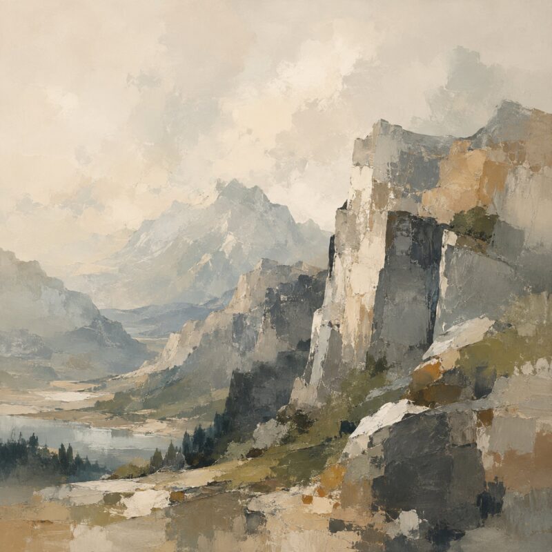 Misty Cliffs I – stone grey, sage, sand impressionist oil landscape canvas wall art