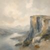 Misty Cliffs III – stone grey, sage, sand impressionist oil landscape canvas wall art