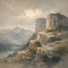 Misty Cliffs IV – stone grey, sage, sand impressionist oil landscape canvas wall art