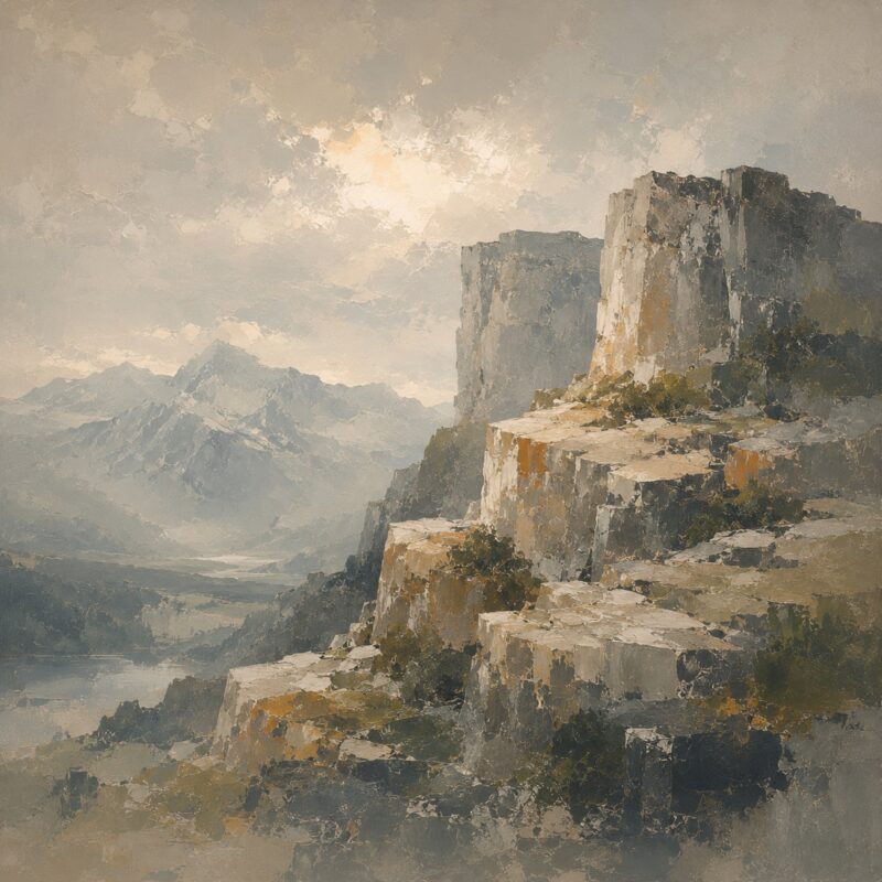 Misty Cliffs IV – stone grey, sage, sand impressionist oil landscape canvas wall art
