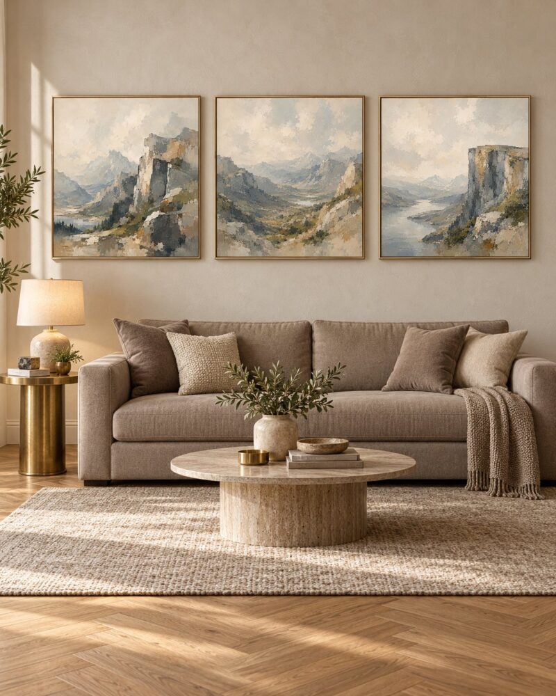 Misty Cliffs impressionist oil landscape canvas wall art styled in an interior