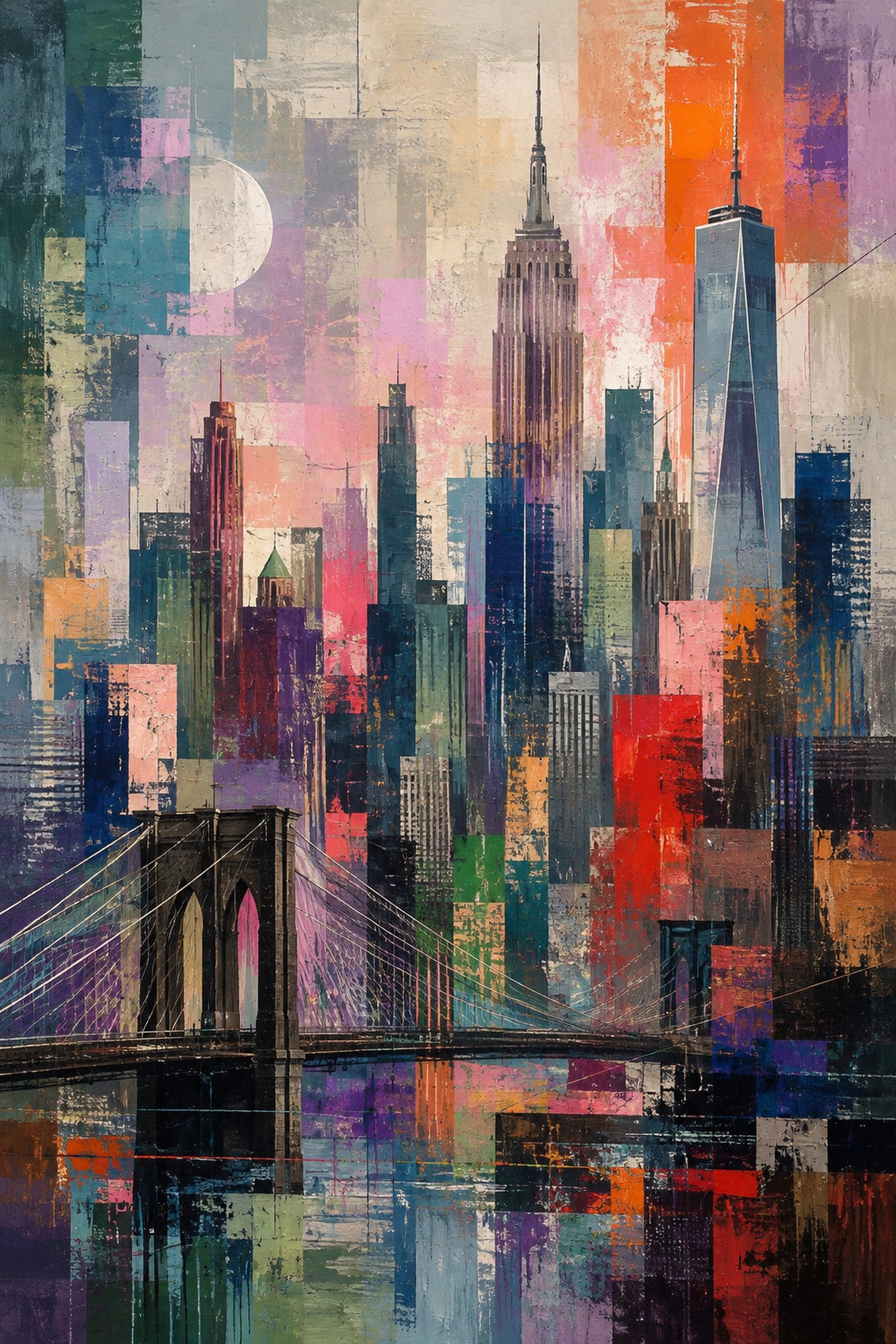 Mosaic City I – magenta, orange, teal modern abstract canvas wall art