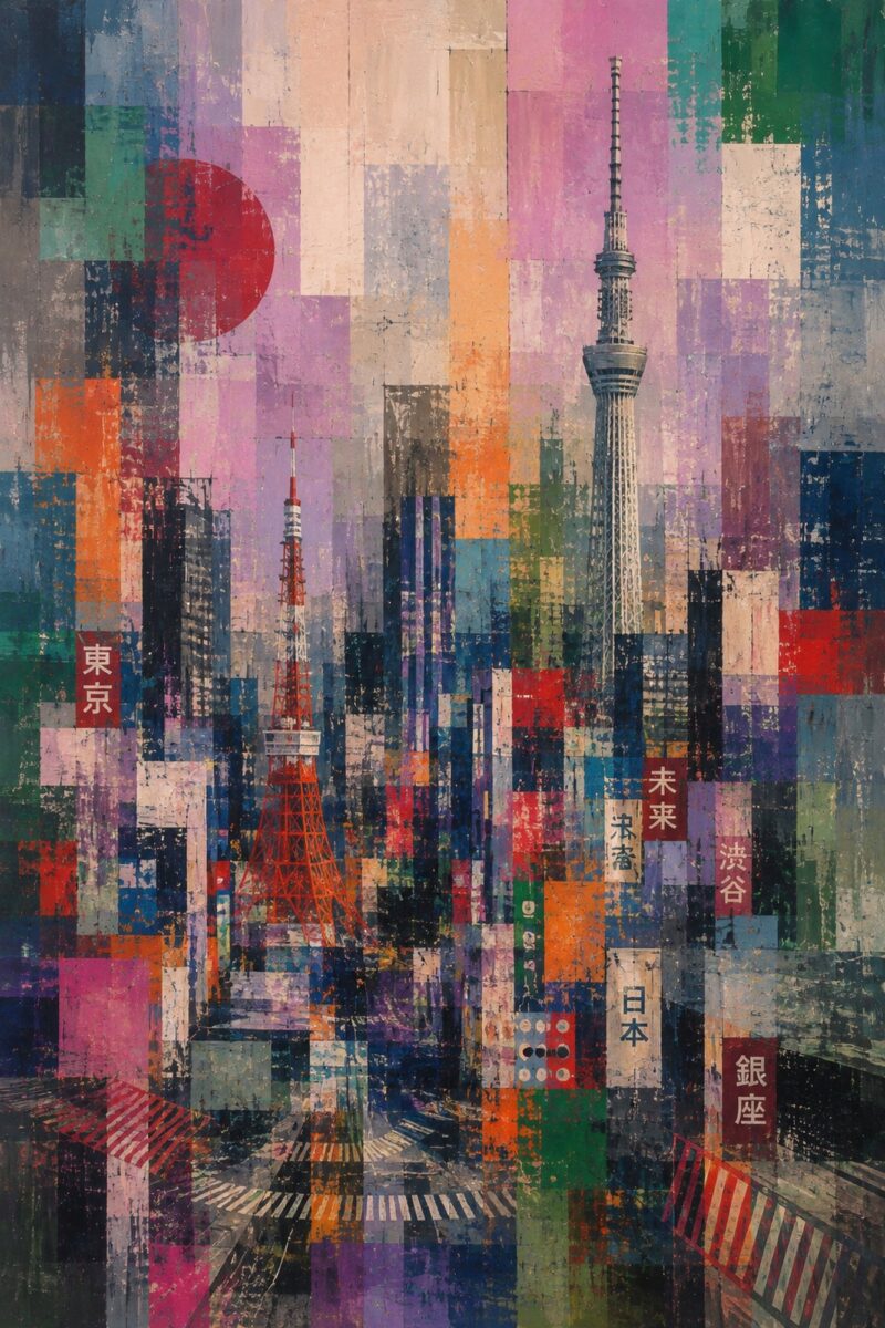 Mosaic City II – magenta, orange, teal modern abstract canvas wall art
