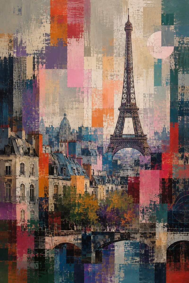 Mosaic City III – magenta, orange, teal modern abstract canvas wall art