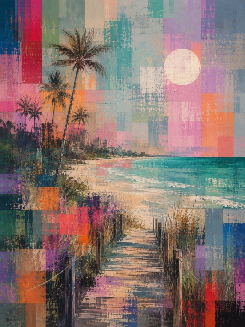 Mosaic Shoreline I – coral, magenta, teal modern abstract canvas wall art