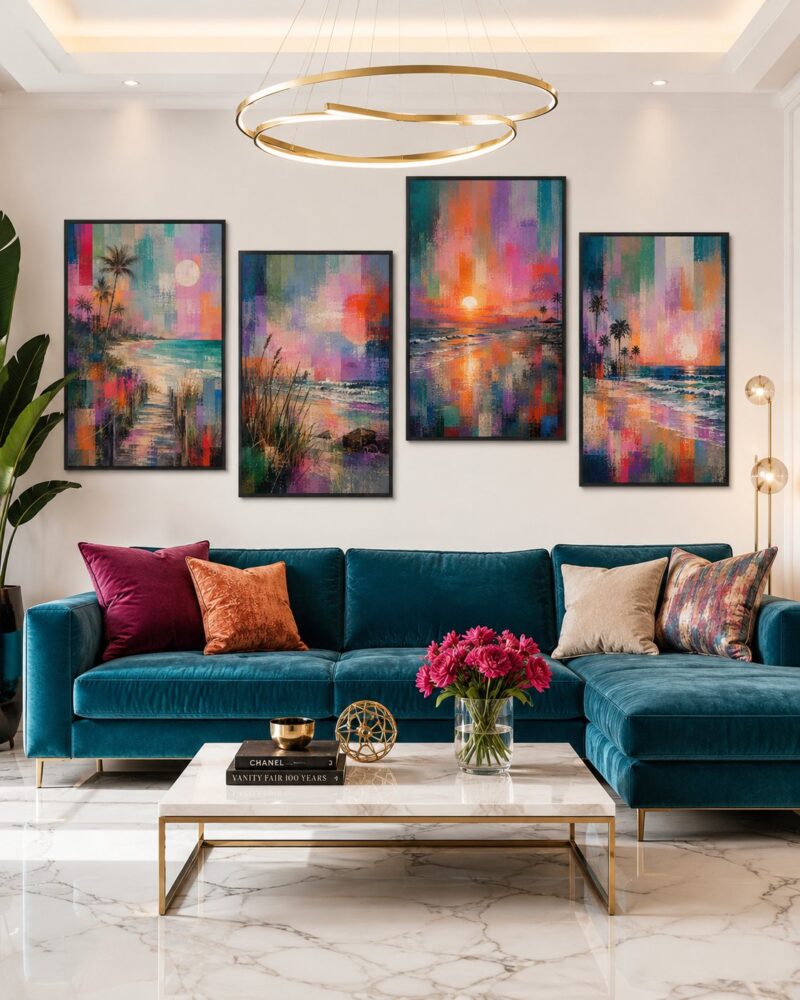 Mosaic Shoreline modern abstract canvas wall art styled in an interior