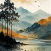 Mountain Lake Serenity I – teal, mustard, slate watercolour landscape canvas wall art