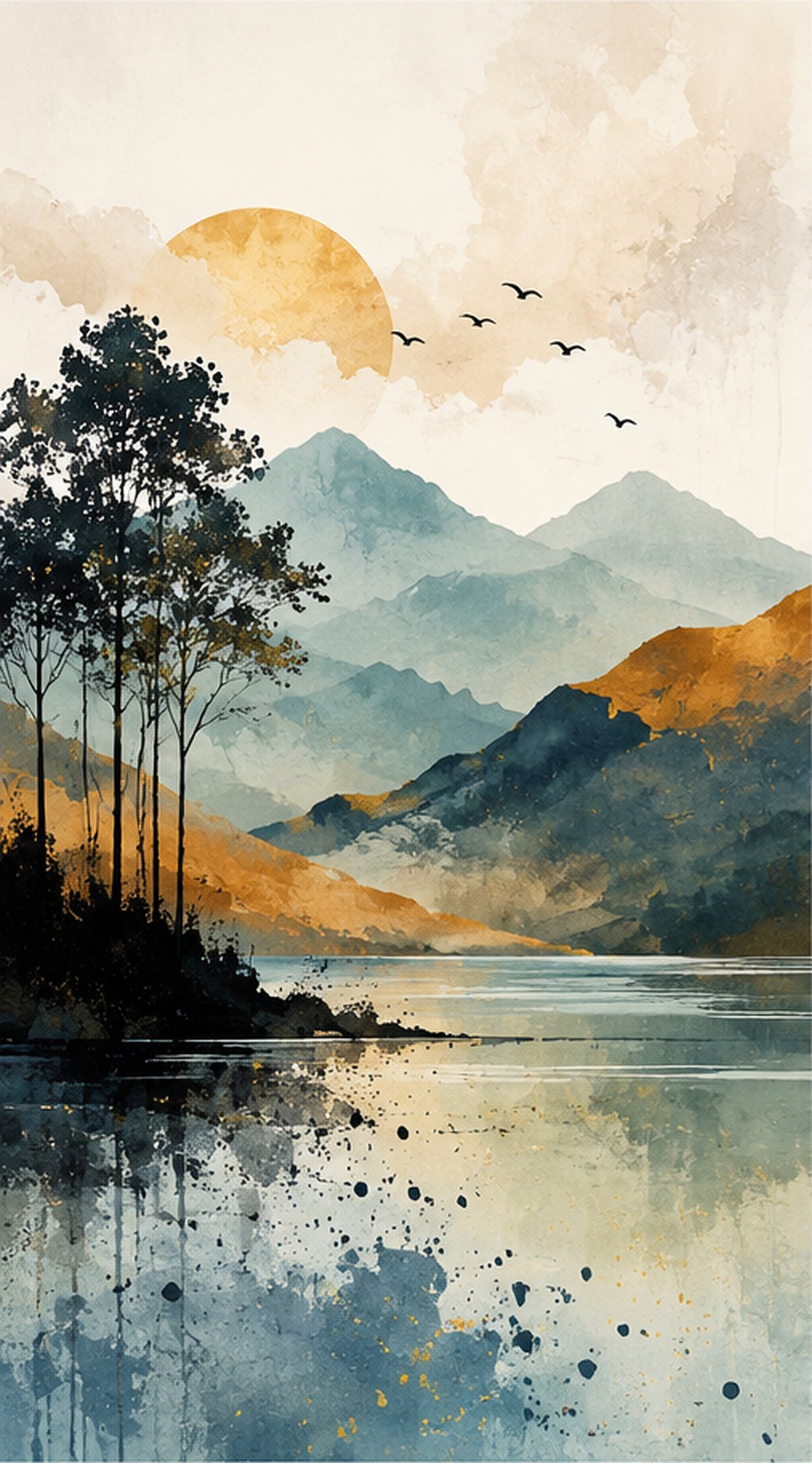 Mountain Lake Serenity I – teal, mustard, slate watercolour landscape canvas wall art